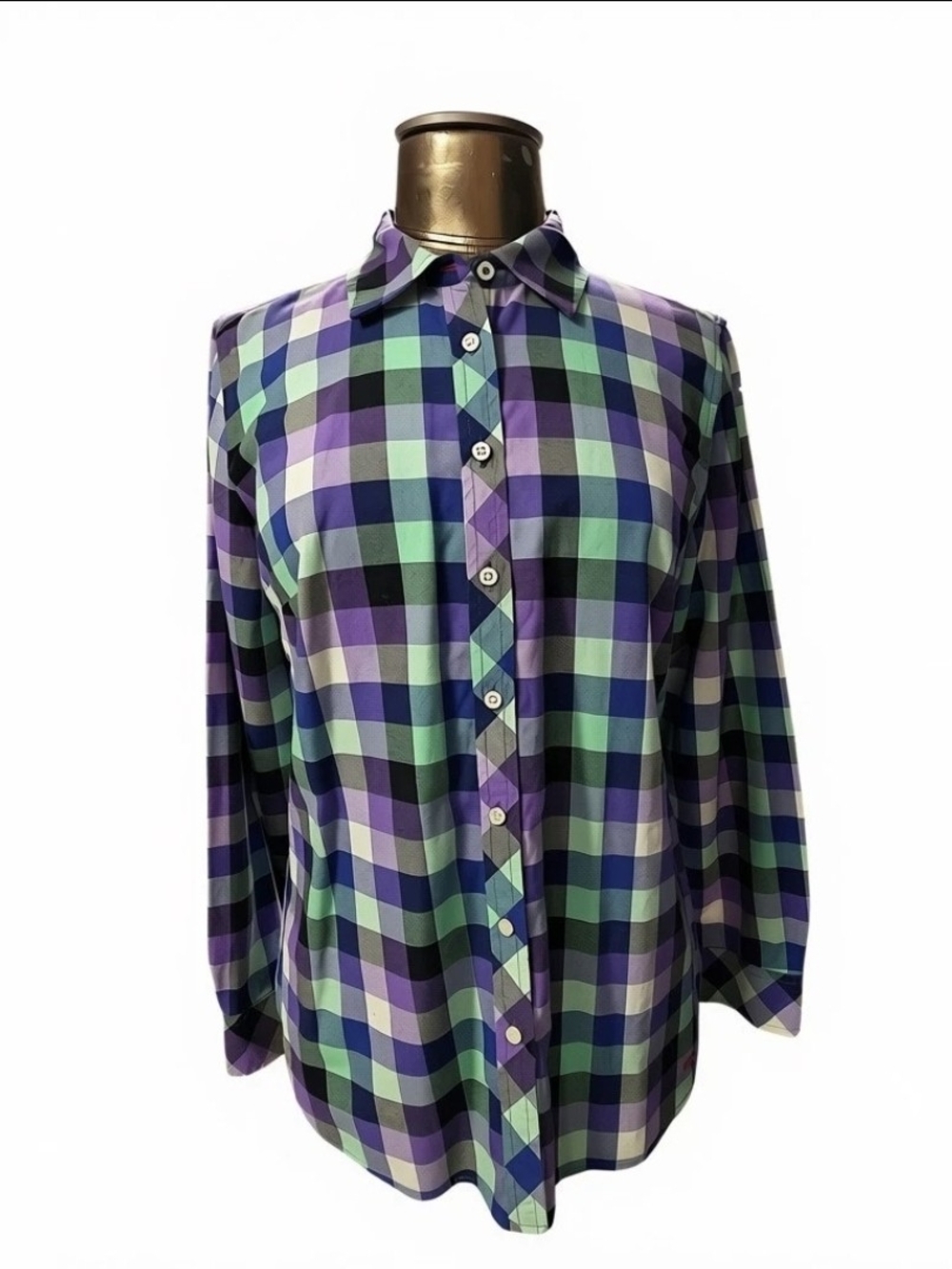 Purple & Green Plaid Button-Down Women's Shirt